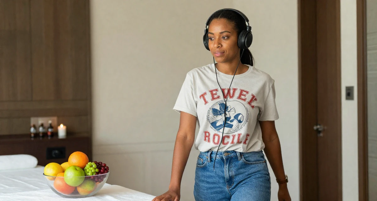 A glowing Female From Johannesburg South Africa, explored fitness lifestyle content in their 23, feeling pressure to figure life out quickly, wearing a laid-back graphic tee and jeans, listening to music with headphones in a luxury spa room.