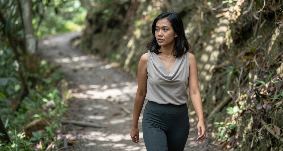 A deeply absorbed Female From Indonesia, based in Bali, graduated from an arts institute majoring in expressive digital portraits in their 37, sharing tips for successful networking, wearing a draped neckline top and fitted slacks, glancing over the shoulder in a mountain trail.