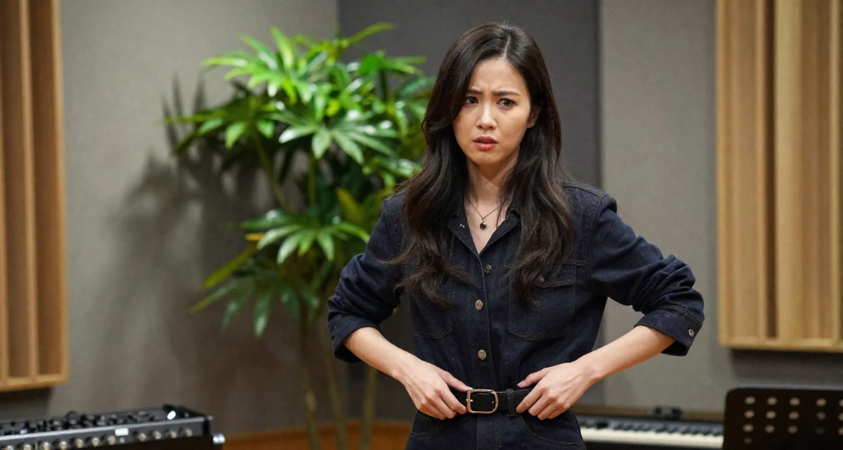 A confused Female From Chengdu China, self-taught photographer with nightlife roots in their 25, building a loyal fanbase with tasteful flirty storytelling, wearing a dark academia inspired outfit, adjusting a belt in a music studio.