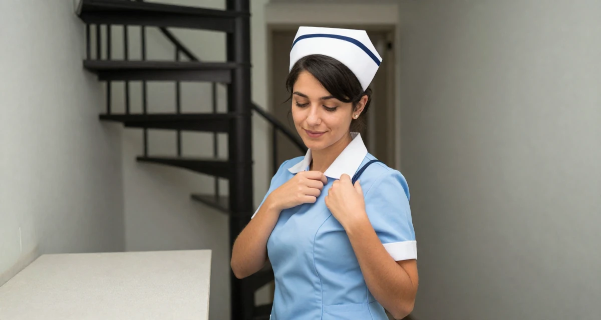 A quietly happy Female From Argentina, based in Buenos Aires, graduated from a media institute majoring in flirtatious content styling in their 25, trying to build an aesthetic that feels authentic, wearing a nurse cosplay uniform with a stylized cap, adjusting a shoulder strap in a narrow hallway.