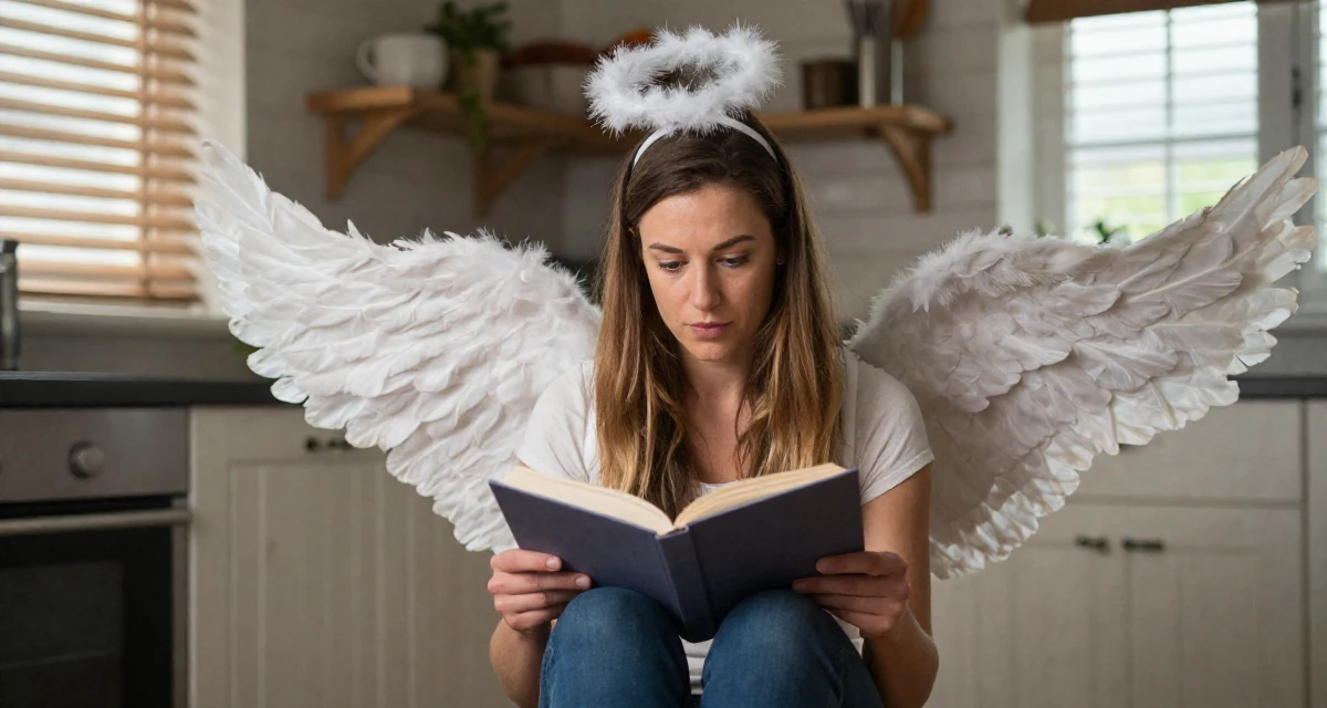 A focused and sharp Female Grew up in Ireland, majored in digital marketing in their 34, sharing the journey of infertility and hope, wearing a angel costume with large feathered wings and a halo, opening a book in a rustic kitchen.