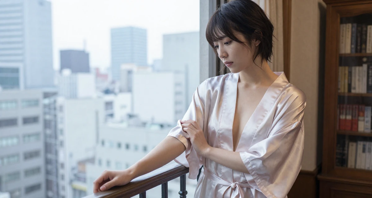 A indifferent Female From Japan, majored in mechanical engineering in their 23, learning to express sensuality without crossing personal limits, wearing a short silk robe tied loosely, adjusting sleeves in a vintage bookstore.