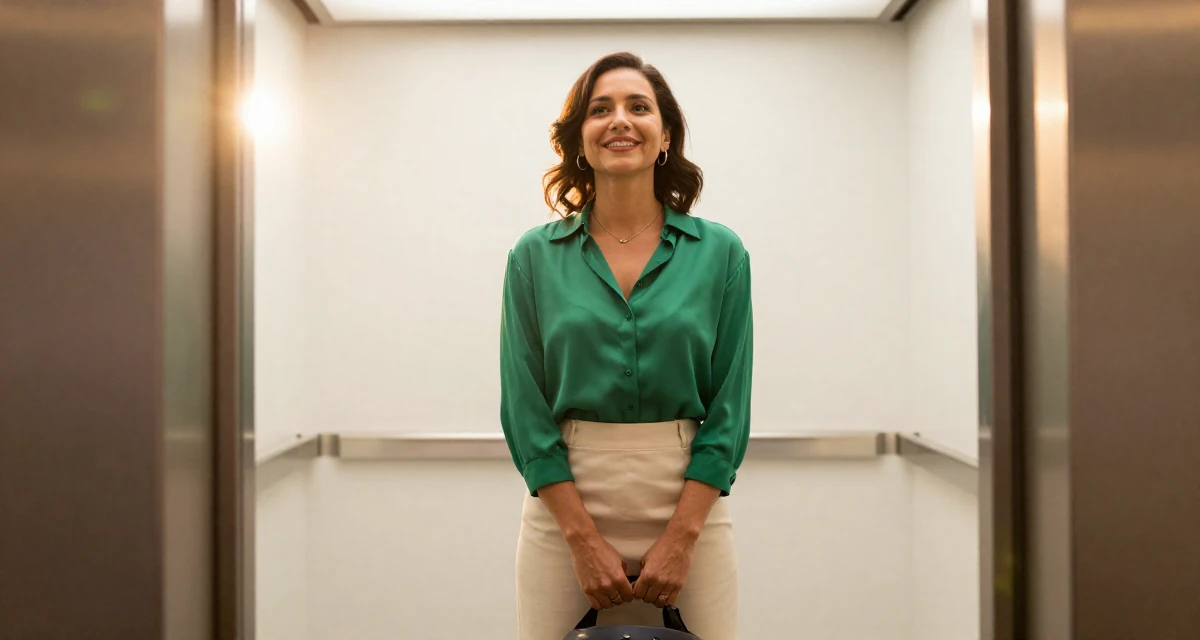 A hopeful Female Once a kindergarten helper, now producing warm lifestyle aesthetics in their 33, documenting a cross-country road trip, wearing a emerald green silk blouse and a cream skirt, holding a helmet in a corporate elevator.