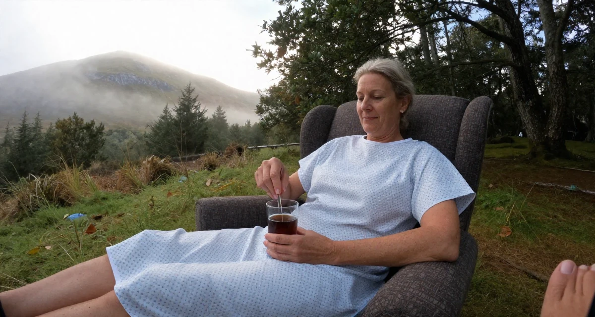 A quietly content Female From Ireland, majored in creative media production in their 40, navigating the balance of career and aging parents, wearing a hospital patient gown tailored to be form-fitting, stirring a drink in a magical forest clearing.