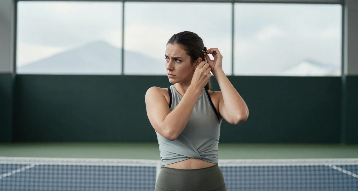 A cynical Female Once a delivery driver, now a confidence-focused body-positive creator in their 25, worrying about being judged by classmates, wearing a modern casual lifestyle wear, adjusting a hairpin in a tennis court.