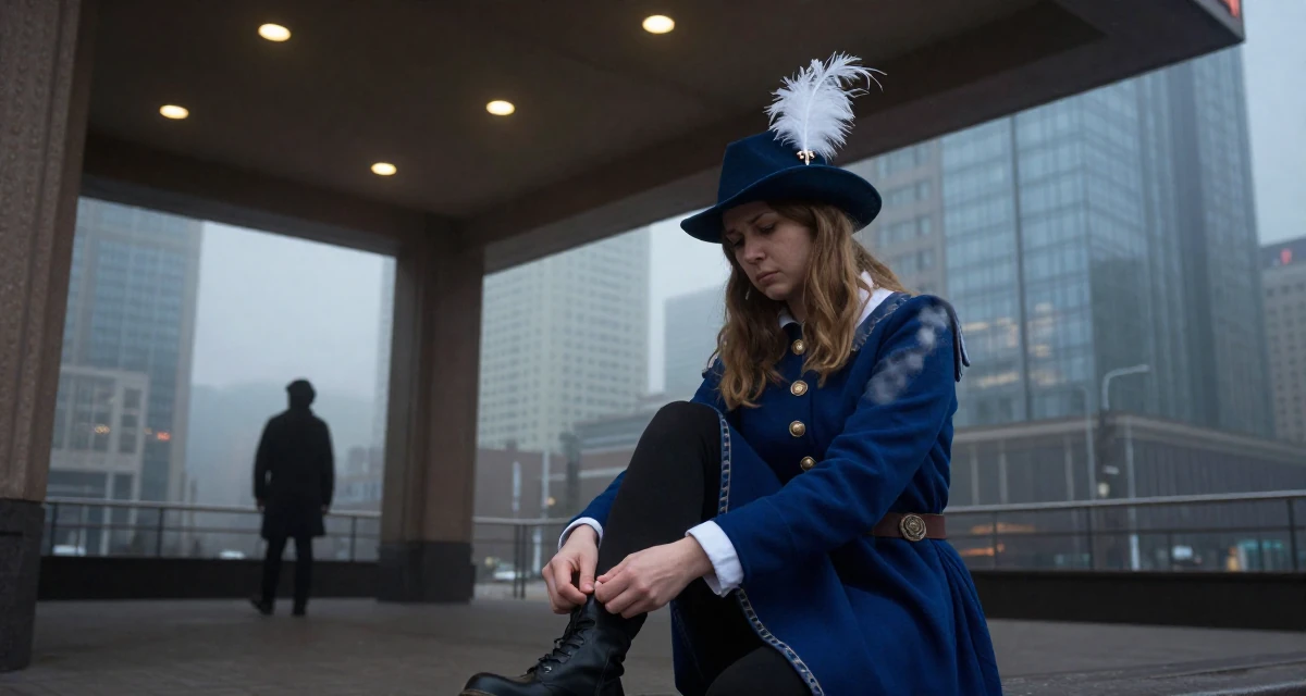 A unimpressed Female From Russia, majored in chemical engineering in their 20, dealing with the first major heartbreak, wearing a royal musketeer tunic with a feathered hat, dusting off the shoulder in a cinema entrance.