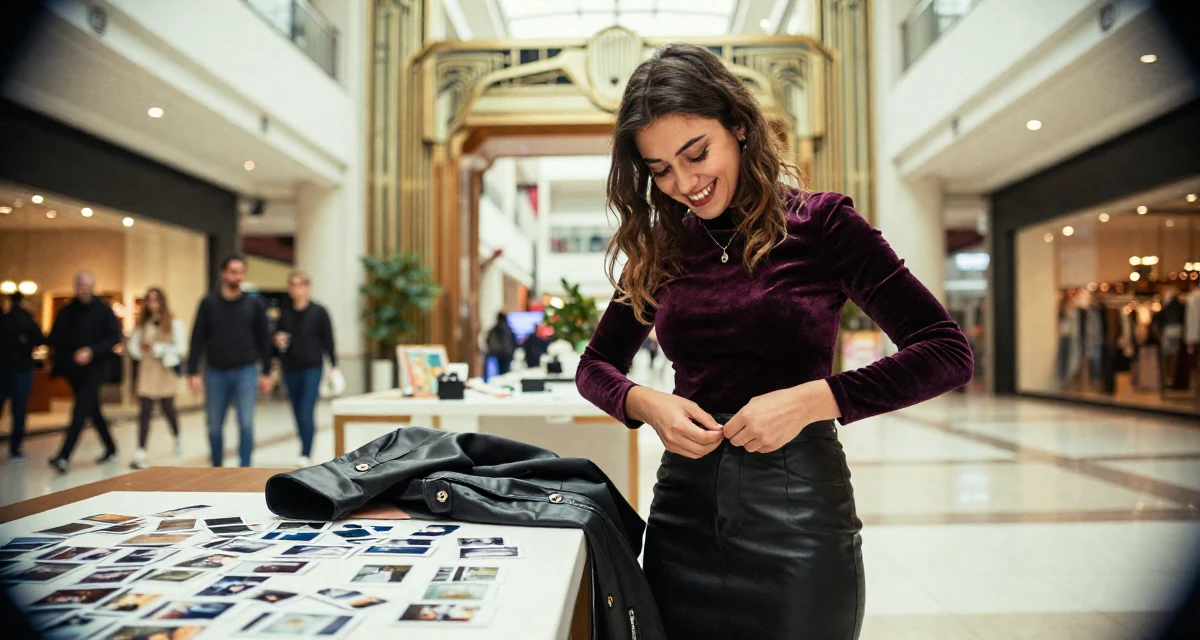 A radiant Female From Istanbul Türkiye, studied interior design in their 22, comparing growth with other creators and feeling pressure, wearing a fitted velvet top and a leather skirt, buttoning up a jacket in a shopping mall atrium.