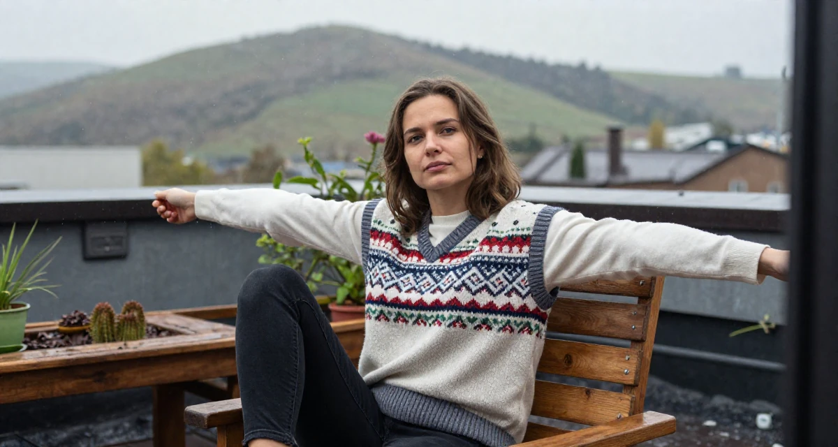A gently serious Female From Russia, studied linguistics and translation in their 38, investing in real estate and passive income, wearing a preppy sweater vest combo, stretching arms after waking in a rooftop garden.