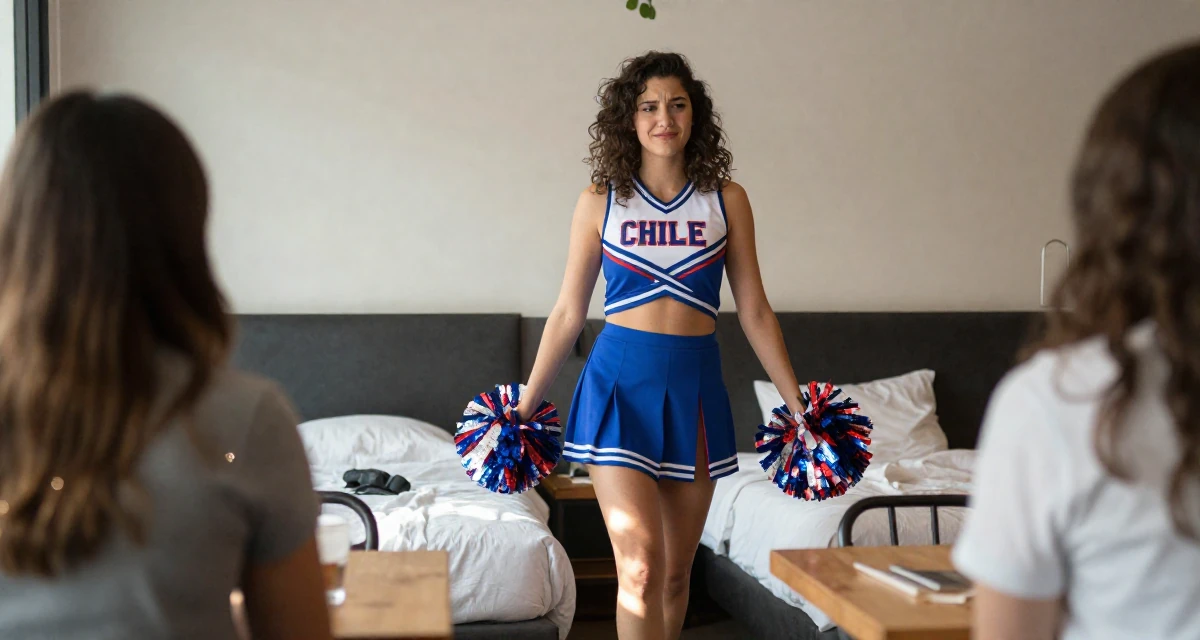 A confused Female From Chile, studied commercial design in their 22, using sensual energy as empowerment instead of pressure, wearing a cheerleader uniform with a cropped top and pom-poms, smiling at a stranger in a cozy café.