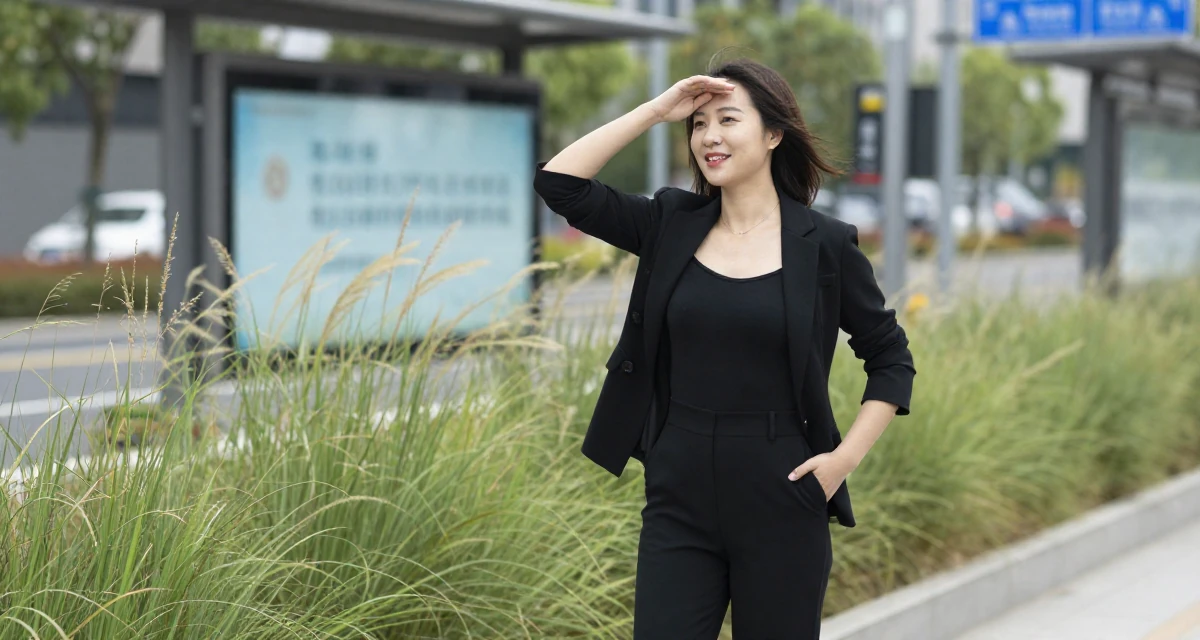 A warmhearted Female From China, majored in economics at a top university in their 30, rebuilding self-worth beyond content performance, wearing a black jumpsuit with a blazer style top, resting a hand on the forehead in a bus stop.