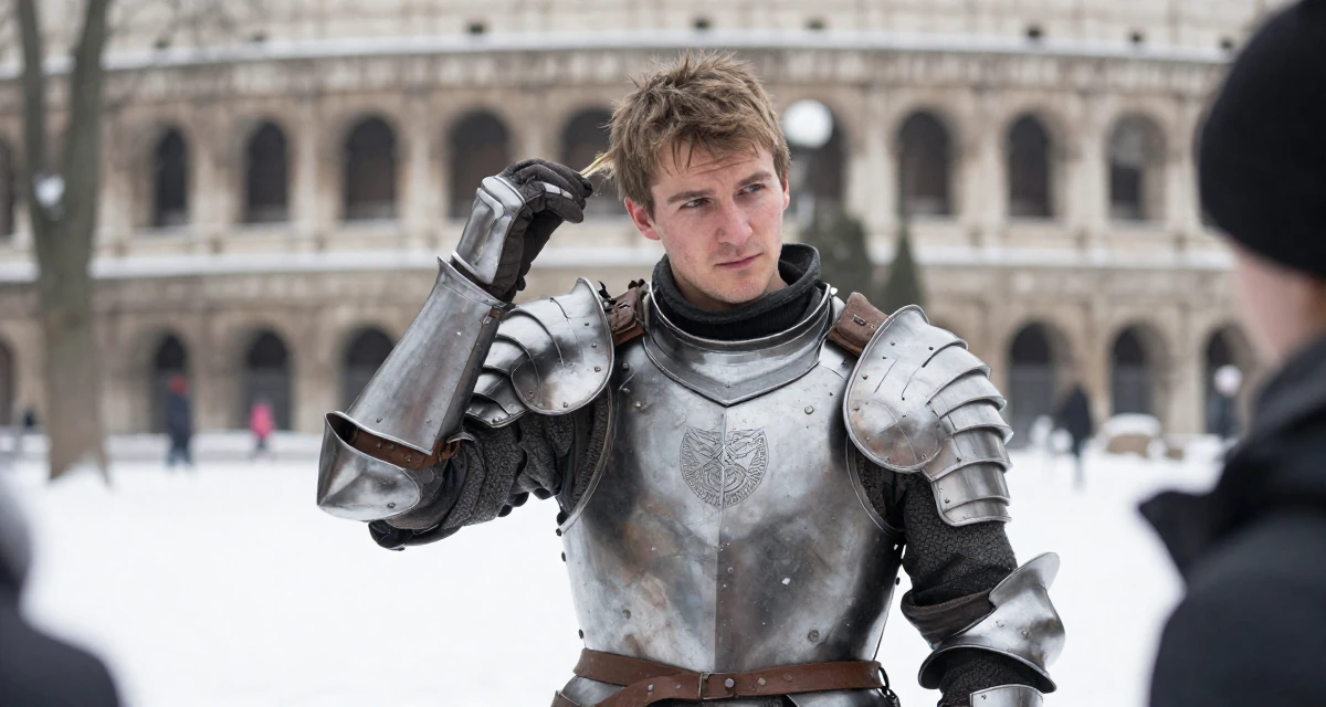 A timid male From Russia, studied mathematics and cybernetics in their 23, creating photo sets that feel intimate but not explicit, wearing a battle-damaged armor showing skin underneath, waving to someone in a quiet park.