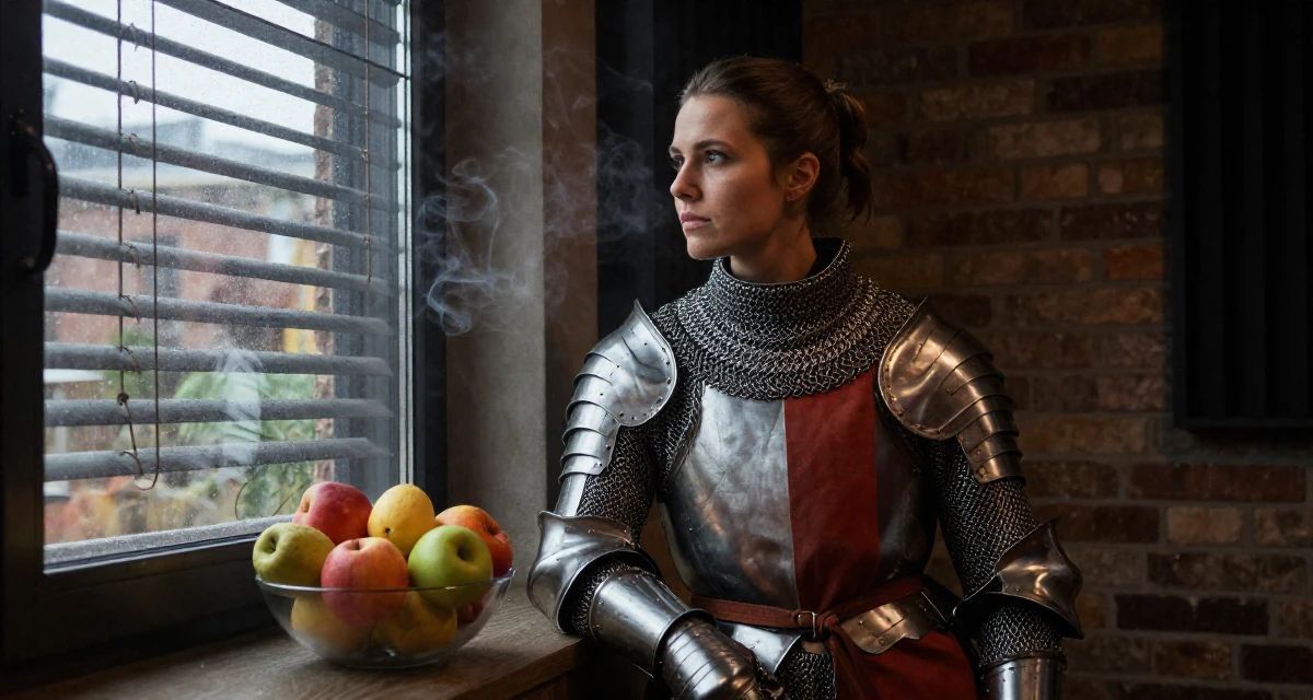 A steady Female From Netherlands, studied media and culture in their 25, rethinking long-term career trajectory, wearing a female knight armor with a tabard and chainmail, looking out the window in a music studio.