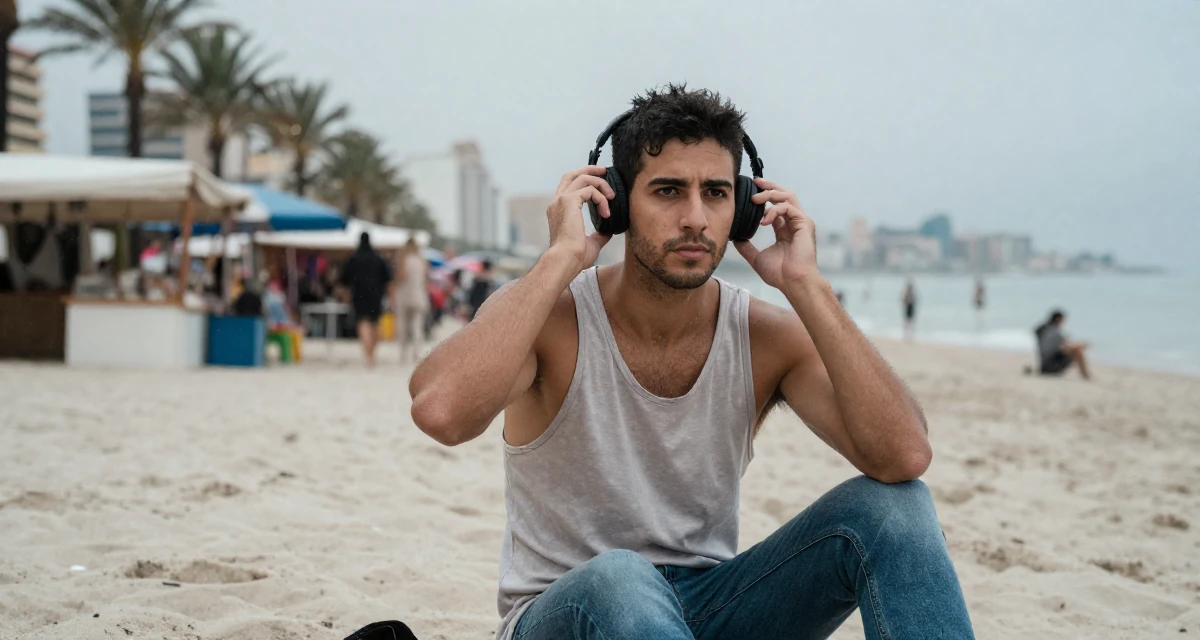 A seriously concentrated male From Spain, majored in public relations and advertising in their 25, deciding to start a business or bold project, wearing a simple tank top and jeans, adjusting headphones in a tropical white sand beach.