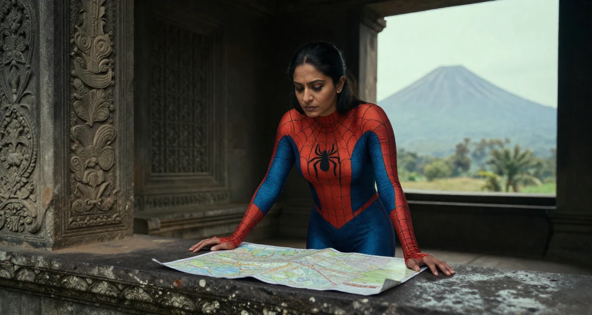 A reserved Female From Sri Lanka, based in Kandy, graduated from a regional institute majoring in advertising in their 40, fit and active lifestyle advocate, wearing a spider-themed villainess suit, looking at a map in a ancient stone ruins.