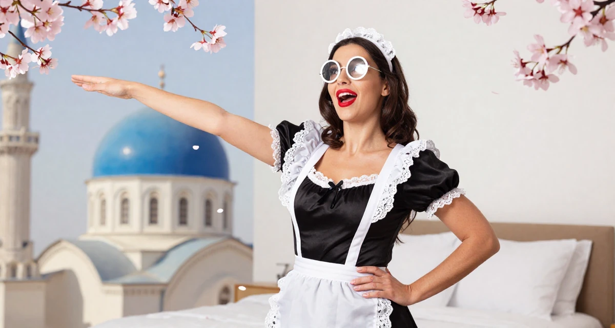 A vibrant Female From Egypt, majored in archaeology in their 47, solo traveler exploring the world in luxury, wearing a french maid costume with black silk and white lace, stretching arms in a minimalist bedroom.