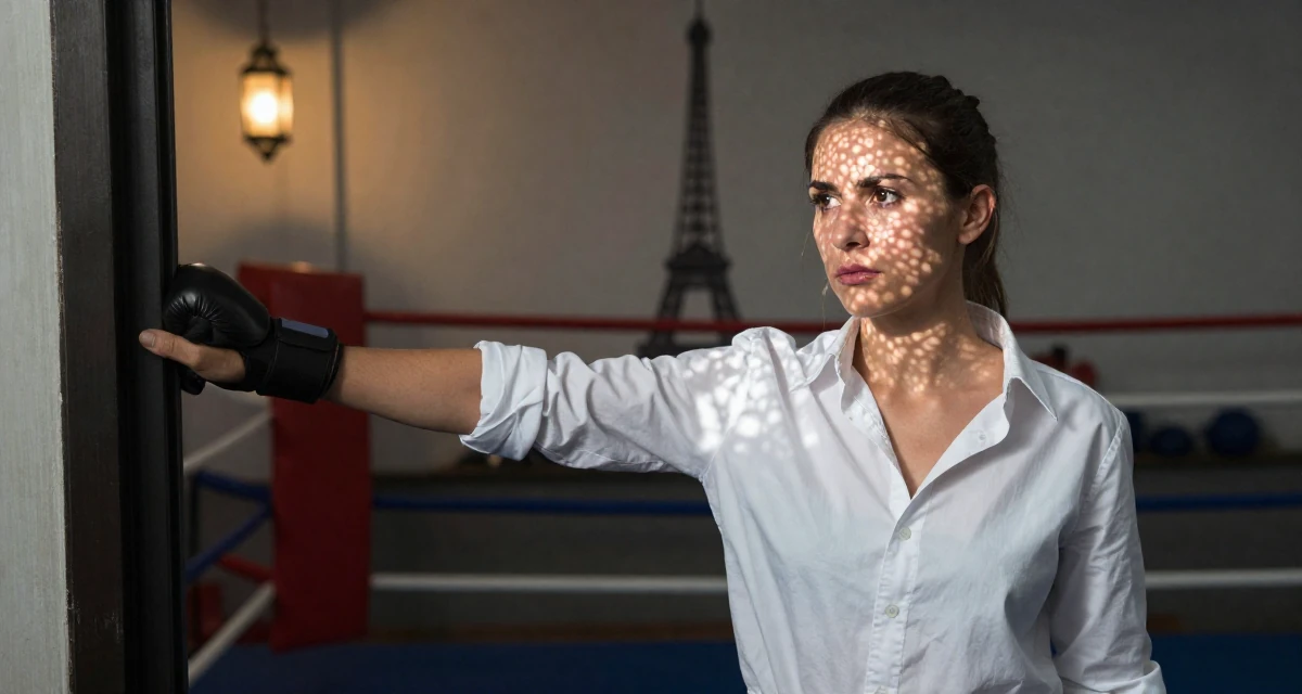 A cold and distant Female Previously a construction worker, now documenting strength-expressive lifestyle in their 25, identifying strengths and weaknesses, wearing a white shirt unbuttoned to the chest, pushing a door open in a boxing ring.
