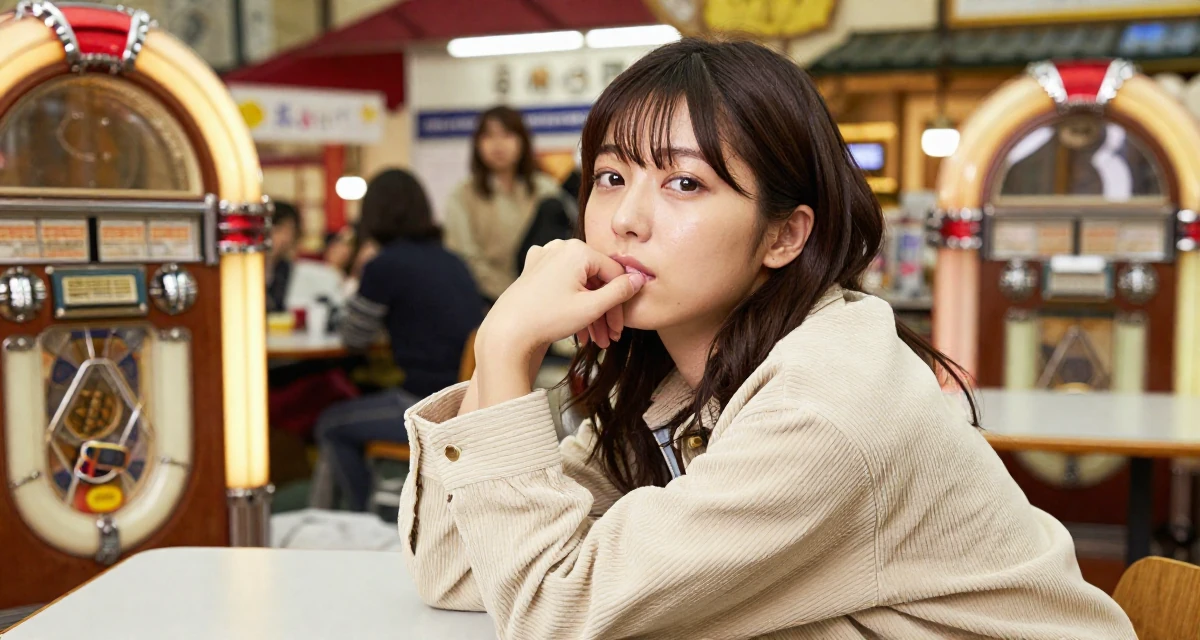 A stoic Female From Japan, majored in psychology in their 22, missing the freedom of student days, wearing a soft texture corduroy jacket, biting a lip thoughtfully in a bustling market.