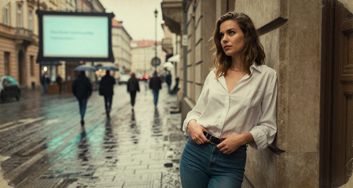 A teasing Female From Prague Czech Republic, explored intimate photography as art in their 25, thinking about long-term investments, wearing a loose fitting blouse tucked into tight jeans, fixing a belt buckle in a bustling city street.