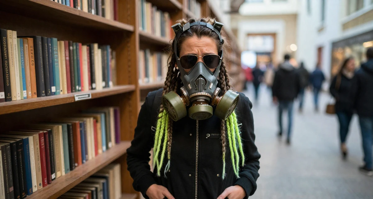A worried Female From Azerbaijan, majored in petroleum engineering in their 47, solo traveler exploring the world in luxury, wearing a cyber-goth outfit with gas mask and neon dreads, lowering sunglasses to look out in a museum exhibit.