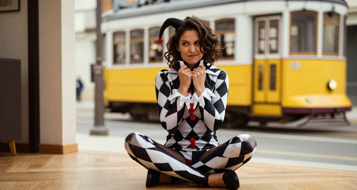 A witty Female From Portugal, majored in digital storytelling in their 24, choosing props that elevate sensual tension, wearing a harlequin jester costume with a diamond pattern, wrapping a scarf around the neck in a modern apartment.