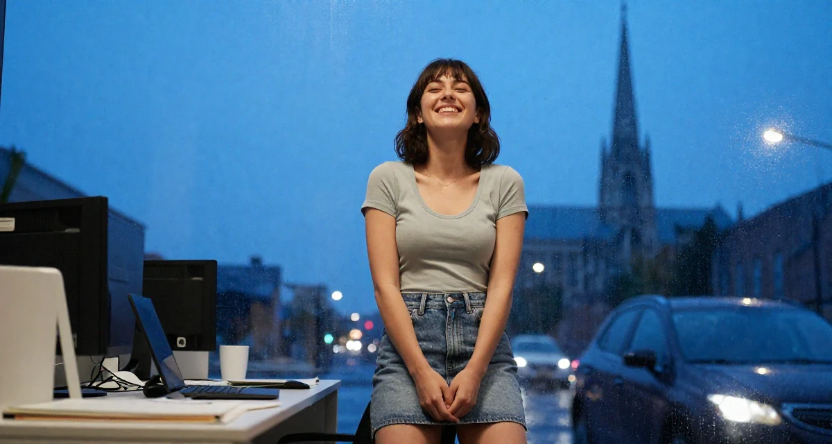 A victorious Female Former university dropout at 22, now thriving as a digital expression artist in their 20, chasing creative dreams despite parental skepticism, wearing a fitted scoop neck tee and a denim mini skirt, clasping hands together in a office workspace.