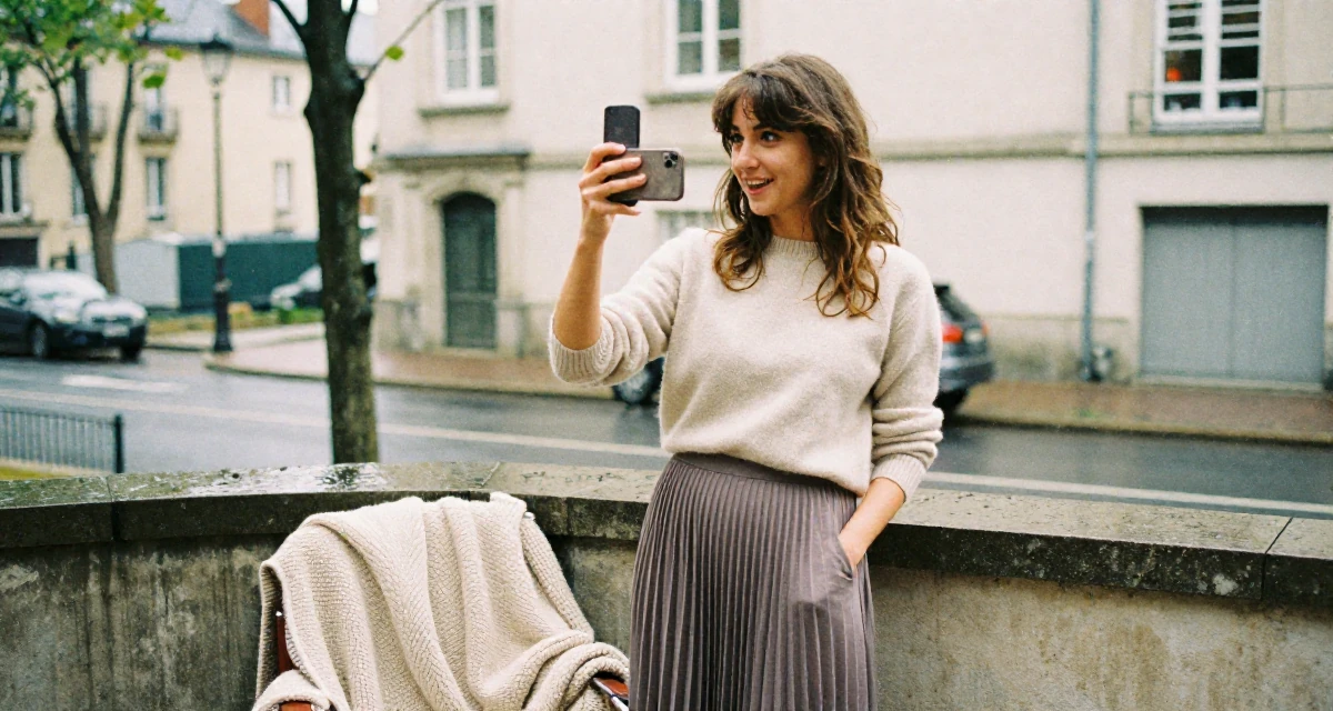 A witty Female From France, based in Lyon, graduated from an arts school majoring in fashion communication in their 25, learning how poses can feel powerful instead of scary, wearing a soft cashmere sweater and a pleated midi skirt, snapping a photo with a phone in a university campus.