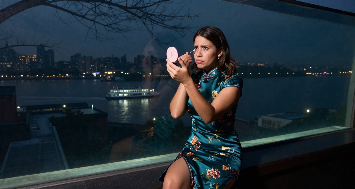 A sarcastic Female Born in Colombia, trained in audiovisual communication in their 28, saving aggressively for first home, wearing a Chinese qipao (cheongsam) modified with a high slit, checking makeup in a compact mirror in a aquarium tunnel.