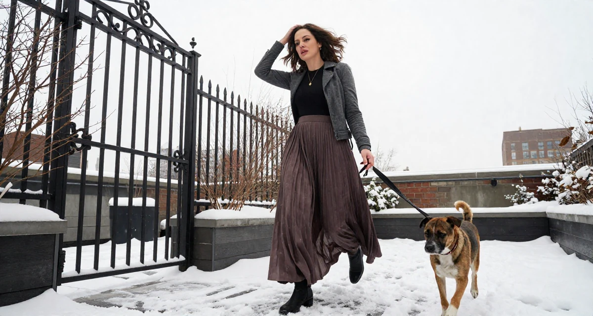 A soulful Female From New York USA, studied film and television in their 39, reflecting on a decade of professional growth, wearing a flowing maxi skirt and top, walking a dog (leash visible) in a rooftop garden.