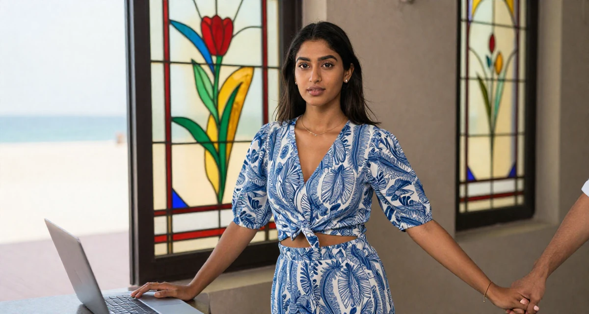 A sincere Female From Abu Dhabi UAE, studied finance and banking in their 20, balancing part-time jobs with intense study schedules, wearing a breezy summer vacation outfit, holding hands with someone unseen in a beach promenade.