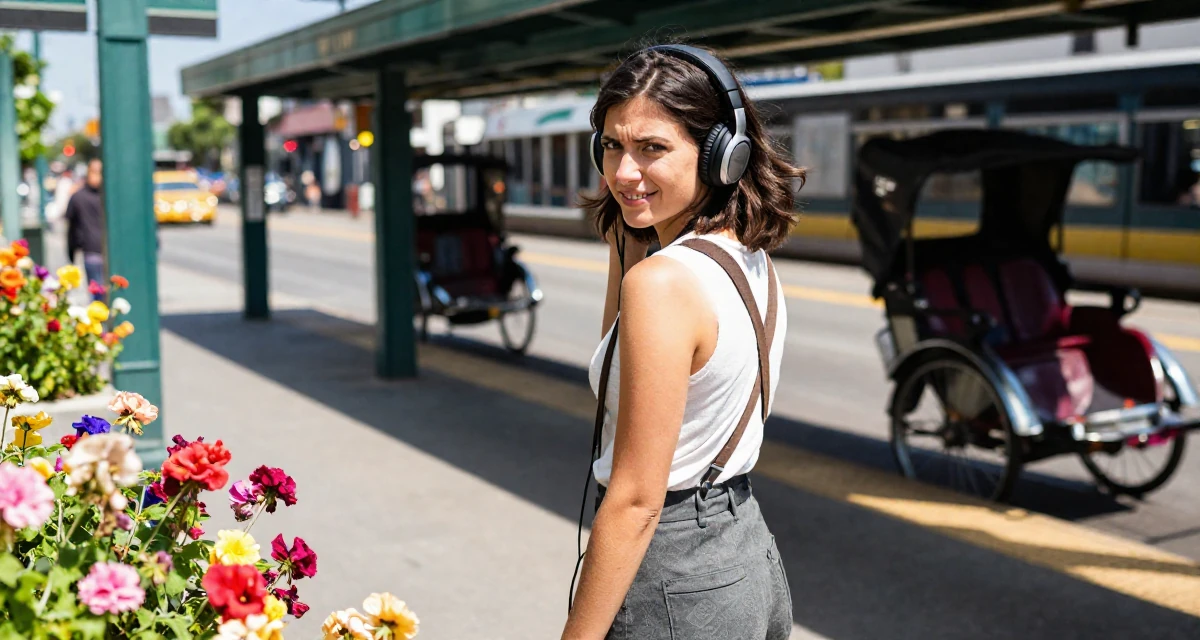 A tense Female From Los Angeles USA, majored in performing arts in their 27, forcing yourself to smile in content on bad days, wearing a high-waisted skirt with suspenders and a shirt, listening to music with headphones in a subway station.