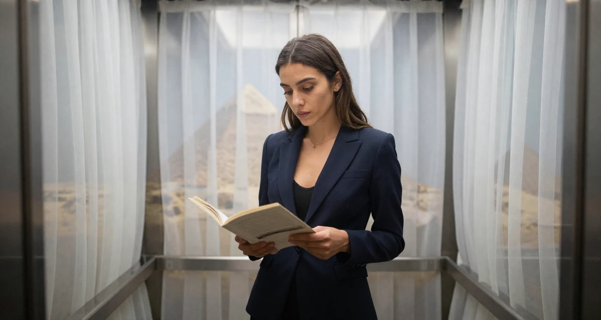A introspective Female From Israel, based in Tel Aviv, graduated from an arts program majoring in sensual character creation in their 21, focused intensely on fitness and glow-up culture, wearing a sleek modern tailored look, turning a page in a elevator hall.