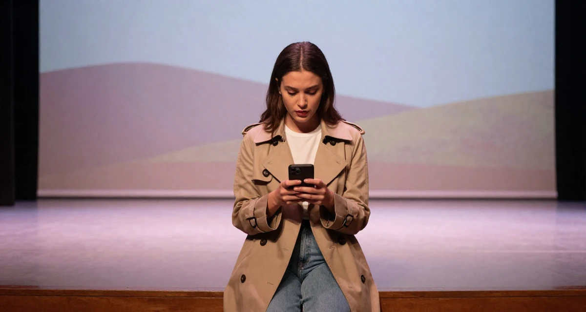A mysterious Female From São Paulo Brazil, studied digital entertainment in their 22, learning workplace expectations and boundaries, wearing a stylish trench coat over basics, texting with both thumbs in a empty theater stage.