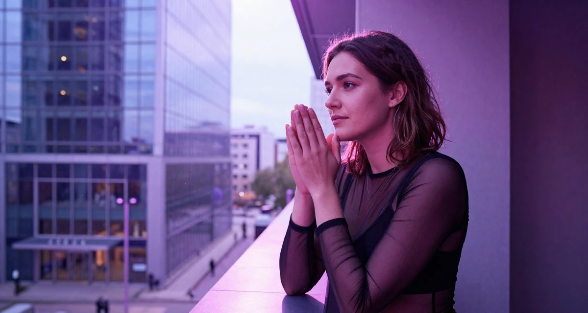 A thoughtful Female From Estonia, based in Tartu, graduated from a state university majoring in digital culture in their 26, seeking deeper meaning in daily work, wearing a sheer mesh top layered over a black bralette, rubbing hands together for warmth in a opera house balcony.