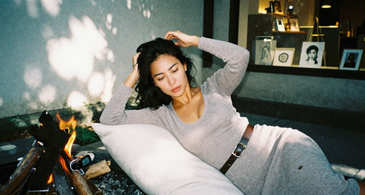 A mellow Female From Bali Indonesia, practiced mindful movement and self-portrait art in their 25, handling first DMs from subscribers respectfully, wearing a form-fitting sweater dress with a belt, fixing a loose strand of hair in a campfire circle.