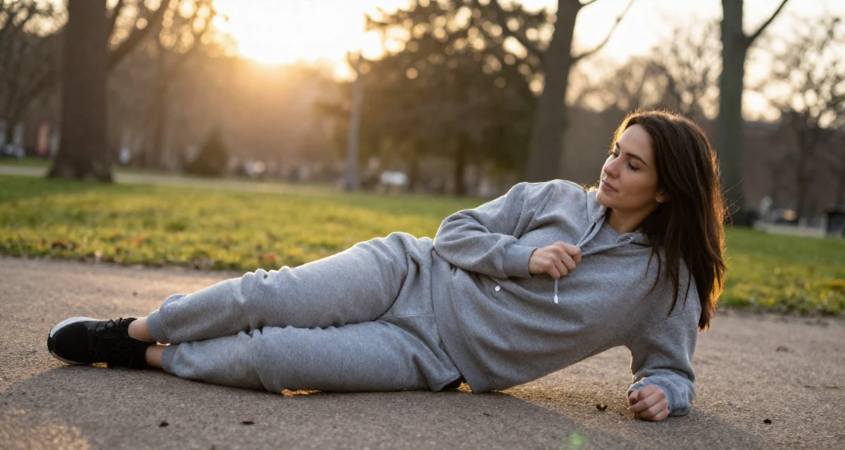 A peaceful Female From Belgium, has a degree in international law in their 23, balancing risk-taking with stability needs, wearing a relaxed jogger and sweatshirt combo, gripping a lapel in a quiet park.