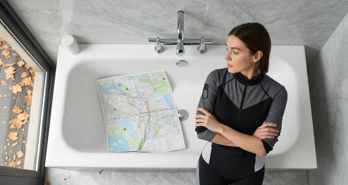 A contemplative Female Previously a hairstylist, now showcasing transformation-driven content in their 25, realizing no one teaches emotional labor in creator work, wearing a modern tech-wear inspired look, looking at a map in a marble bathroom with a tub.