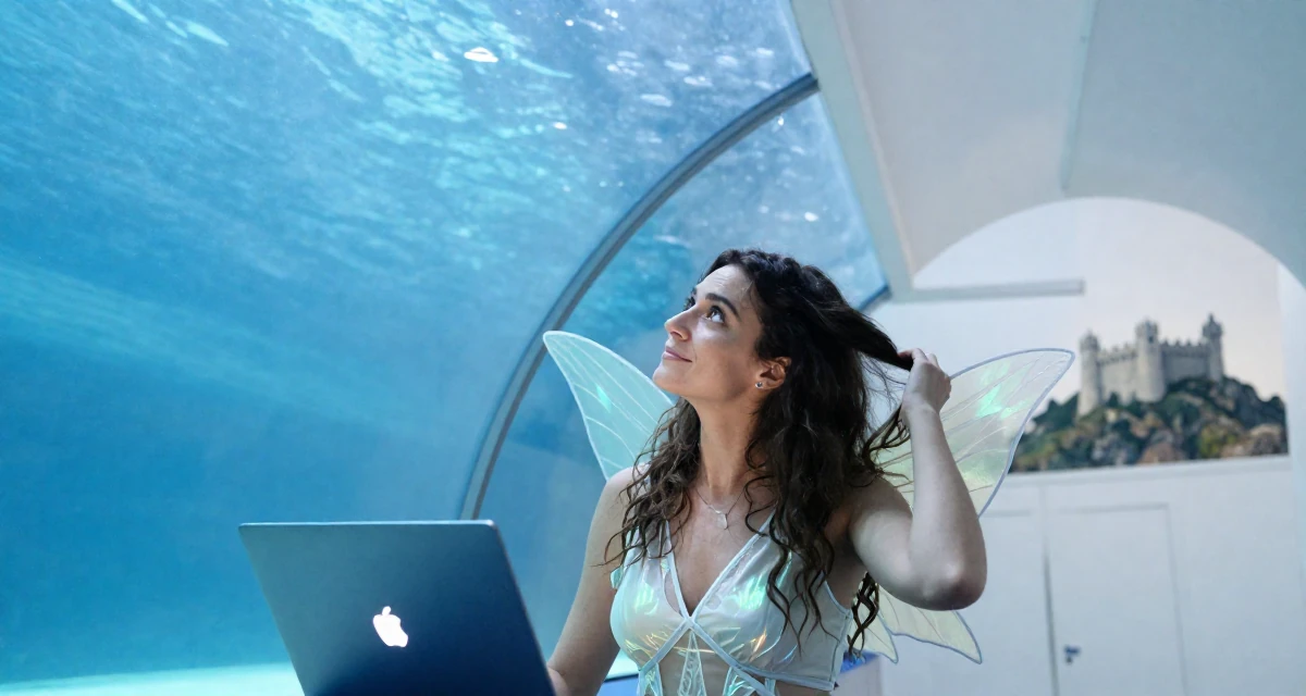A smiling gently Female From Athens Greece, studied philosophy in their 28, recovering from a failed startup, wearing a fairy costume with translucent iridescent wings, running fingers through hair in a aquarium tunnel.