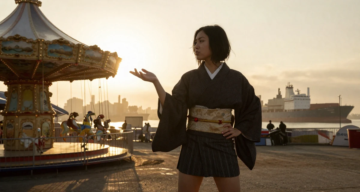A pouting Female From New York USA, learned editorial posing through fashion internships in their 25, learning how poses can feel powerful instead of scary, wearing a shrine maiden outfit with a short hakama skirt, gesturing while talking in a carnival with rides.