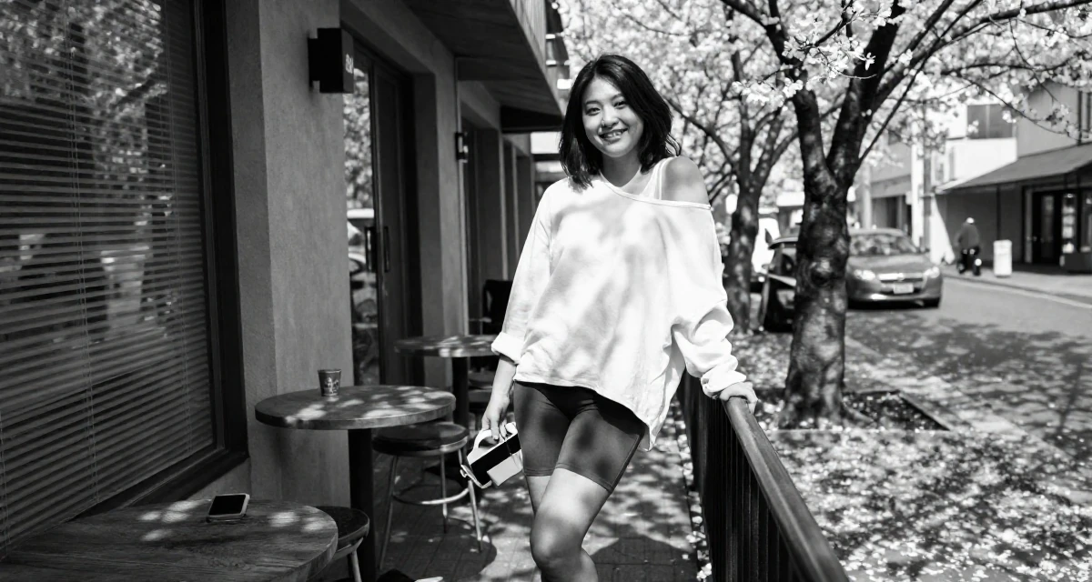 A cheerful Female Once a junior marketing intern, now a full-time creator in their 33, documenting a weight loss and health journey, wearing a oversized white shirt worn off one shoulder and biker shorts, grabbing a railing for support in a trendy coffee shop.