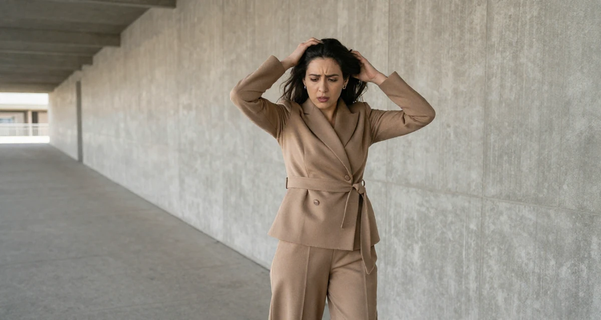 A worried Female From USA, studied marketing and consumer behavior in their 25, considering expanding into TikTok or Reddit promo, wearing a fitted waist coat and wide leg trousers, adjusting sleeves in a bridge walkway.