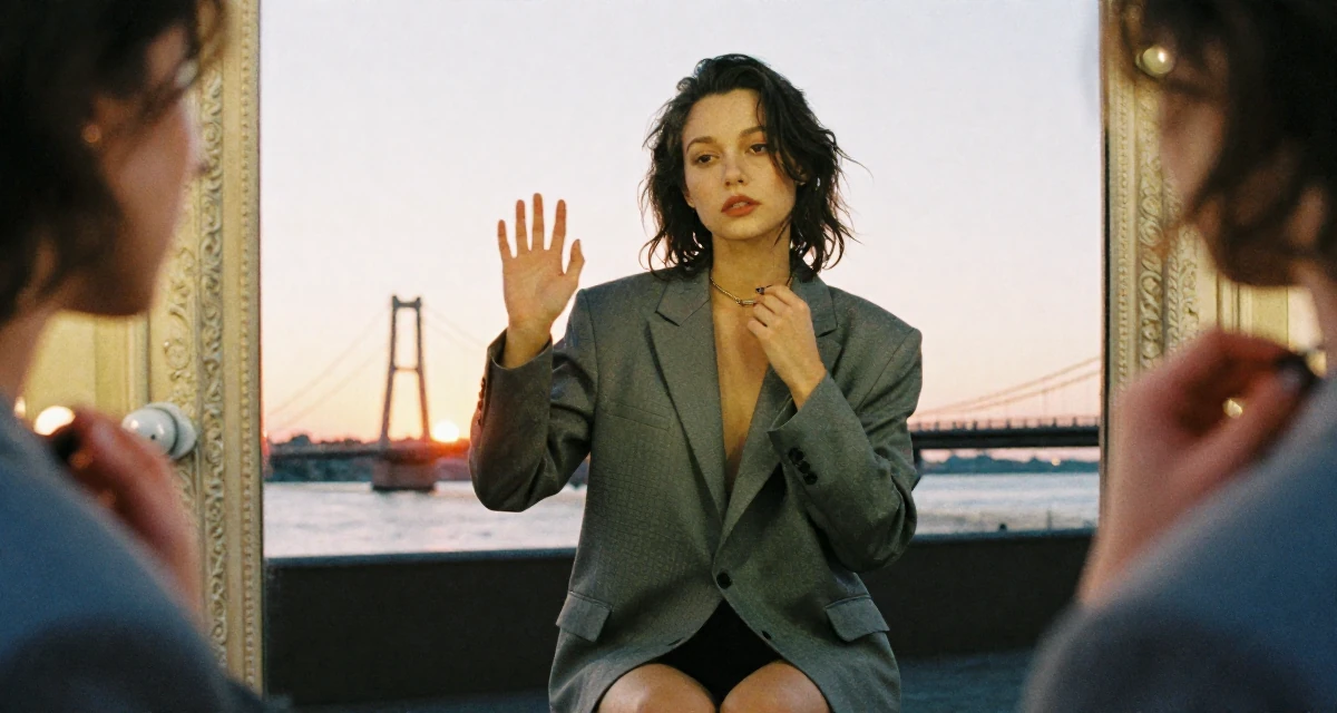 A ethereal Female From Saint Petersburg Russia, studied fine arts in their 25, discovering how lighting makes soft sensual vibes pop, wearing a structured blazer with shorts, fiddling with a necklace in a vanity mirror.