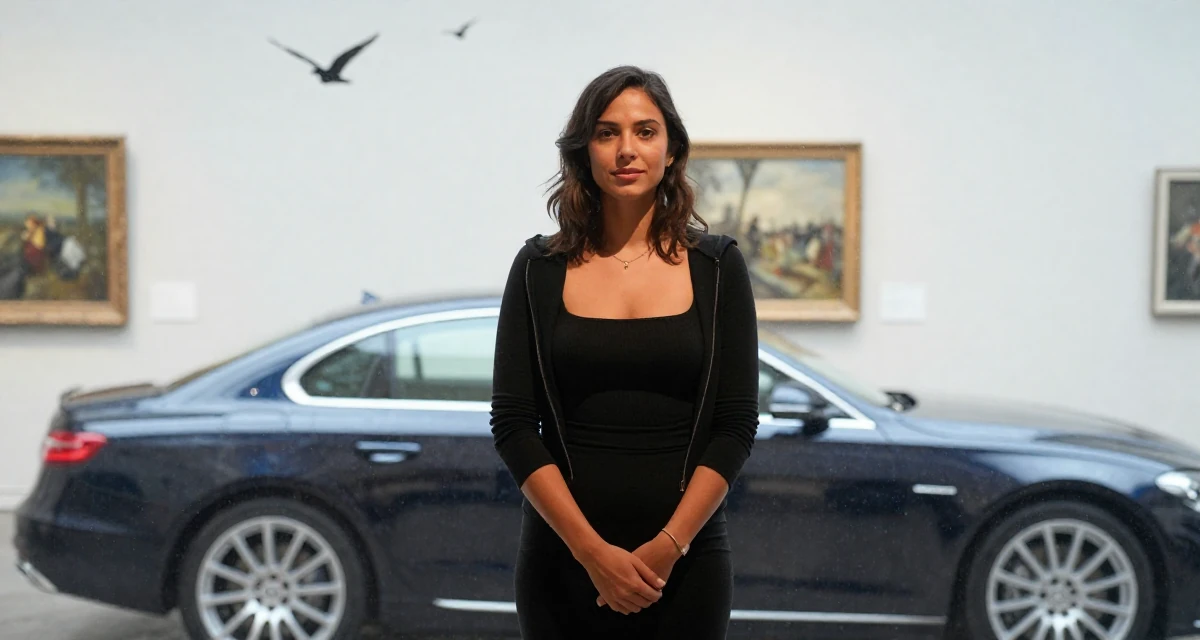 A soft Female From France, has a degree in art history and curating in their 25, accepting that growth is slower than motivational quotes claim, wearing a fitted black dress with a square neckline, zipping up a hoodie in a museum exhibit.