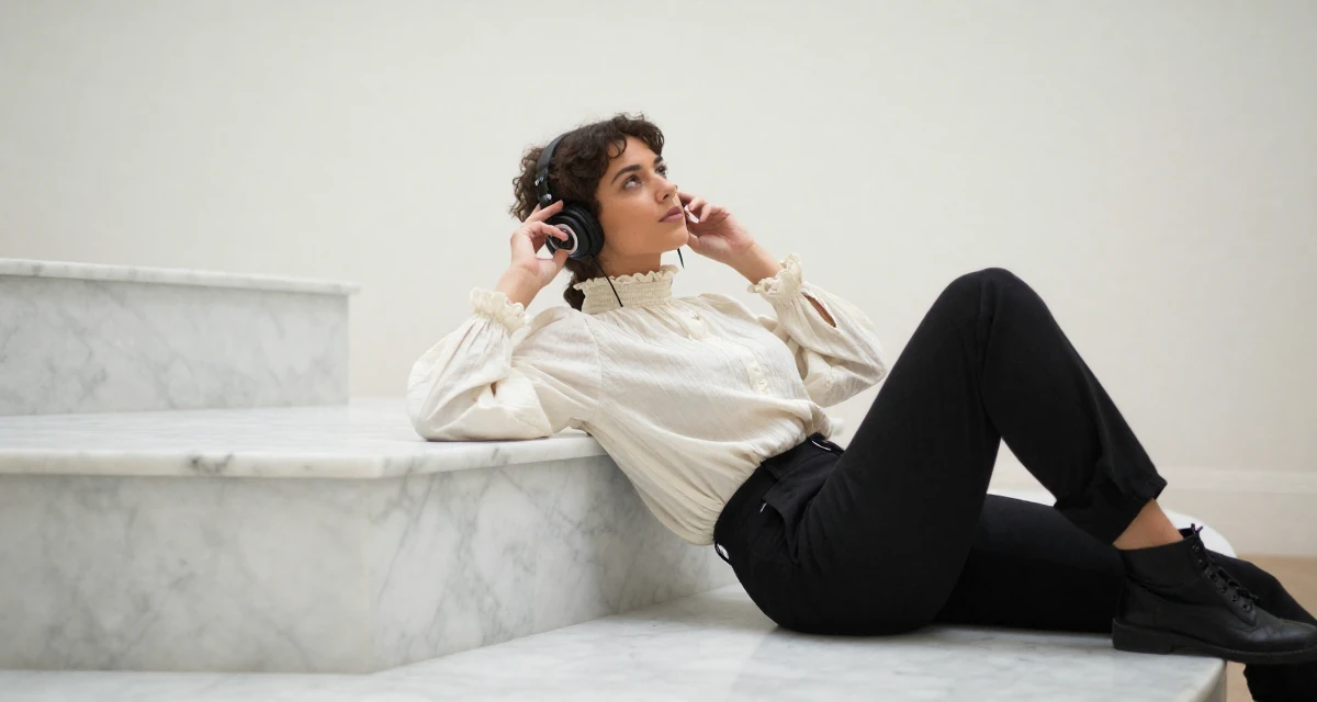 A dreamy Female From UK, studied anthropology in their 22, determined to prove their worth quickly, wearing a high-neck victorian style blouse and black slacks, listening to music with headphones in a museum exhibit.