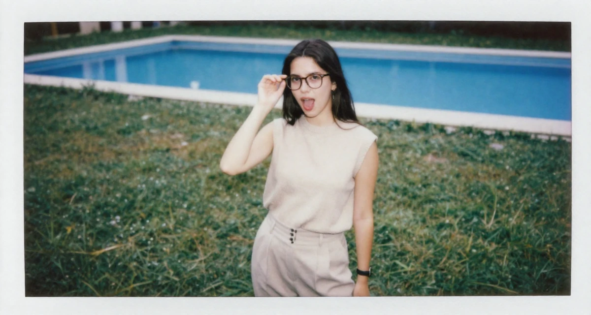 A spirited Female From Italy, based in Bologna, graduated from a local university majoring in media production in their 25, realizing no one teaches emotional labor in creator work, wearing a monochromatic beige outfit with a knit top and trousers, adjusting glasses in a grassy field.