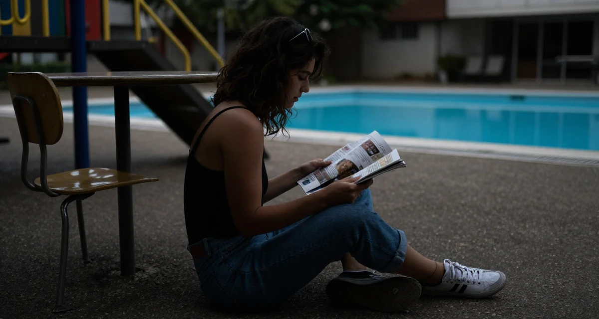 A unbothered Female Grew up in France, majored in cultural studies in their 25, letting go of the need to please everyone, wearing a modern casual lifestyle wear, flipping through a magazine in a school playground.