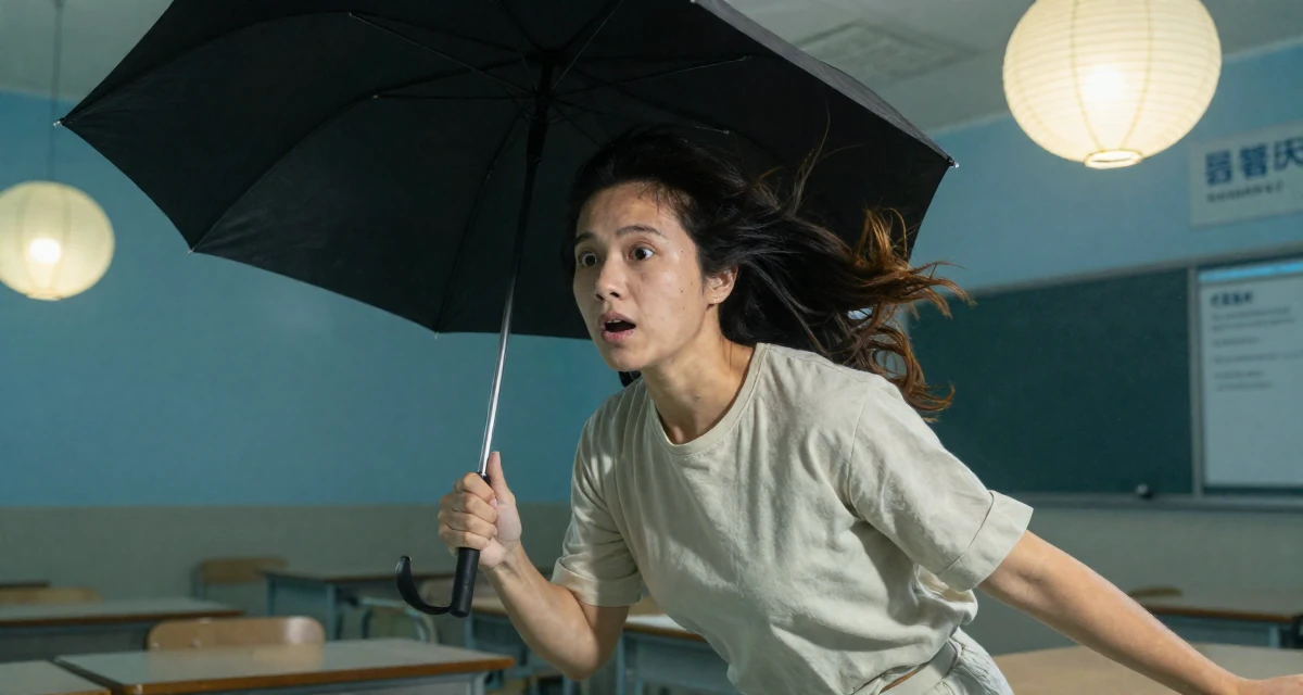 A surprised Female From Cebu Philippines, majored in nursing in their 46, advocate for work-life balance in leadership, wearing a soft organic cotton clothing, holding an umbrella in a classroom setting.