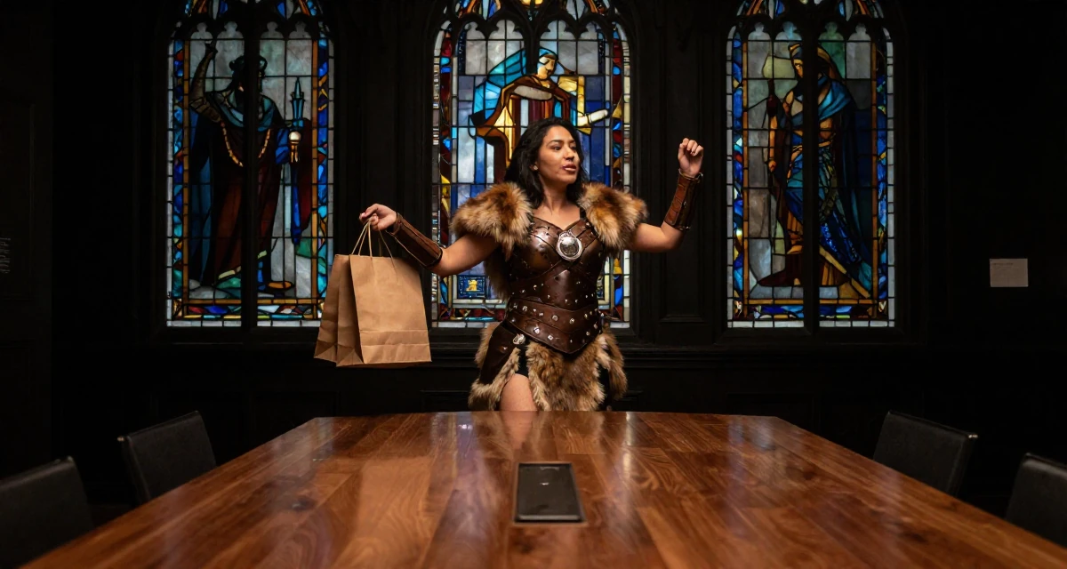A sincere Female From the Philippines, based in Cebu City, graduated from a local college majoring in public relations in their 36, focusing on mental health and mindfulness, wearing a viking shield-maiden outfit with fur and leather, holding a shopping bag in a art gallery hall.