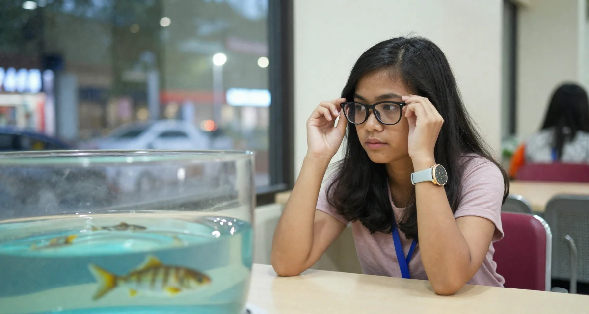 A thoughtful Female From Johor Malaysia, studied early childhood education in their 22, feeling like a small fish in a big corporate pond, wearing a pop of color accessory look, pushing glasses up the nose in a waiting room.