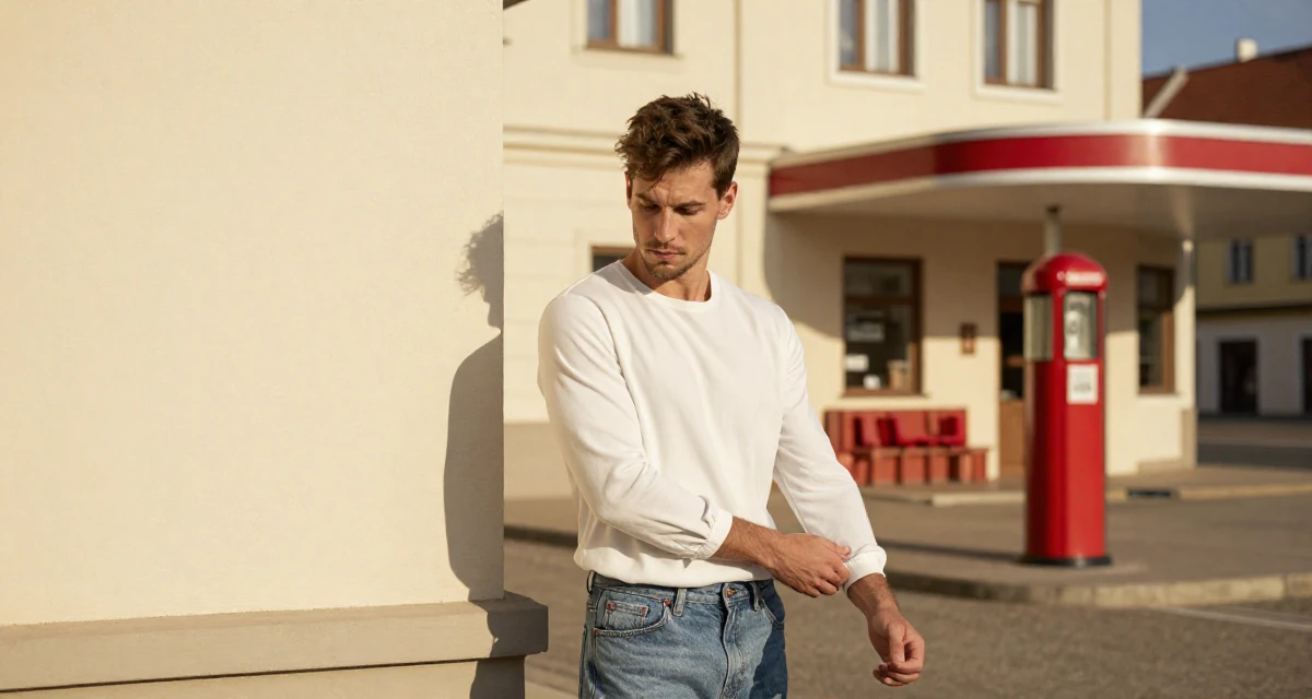 A engrossed male From Slovakia, based in Bratislava, graduated from a media school majoring in mood-driven digital design in their 22, creating slow-burn sensual concepts, wearing a effortless white blouse and jeans, adjusting sleeves in a historic downtown.