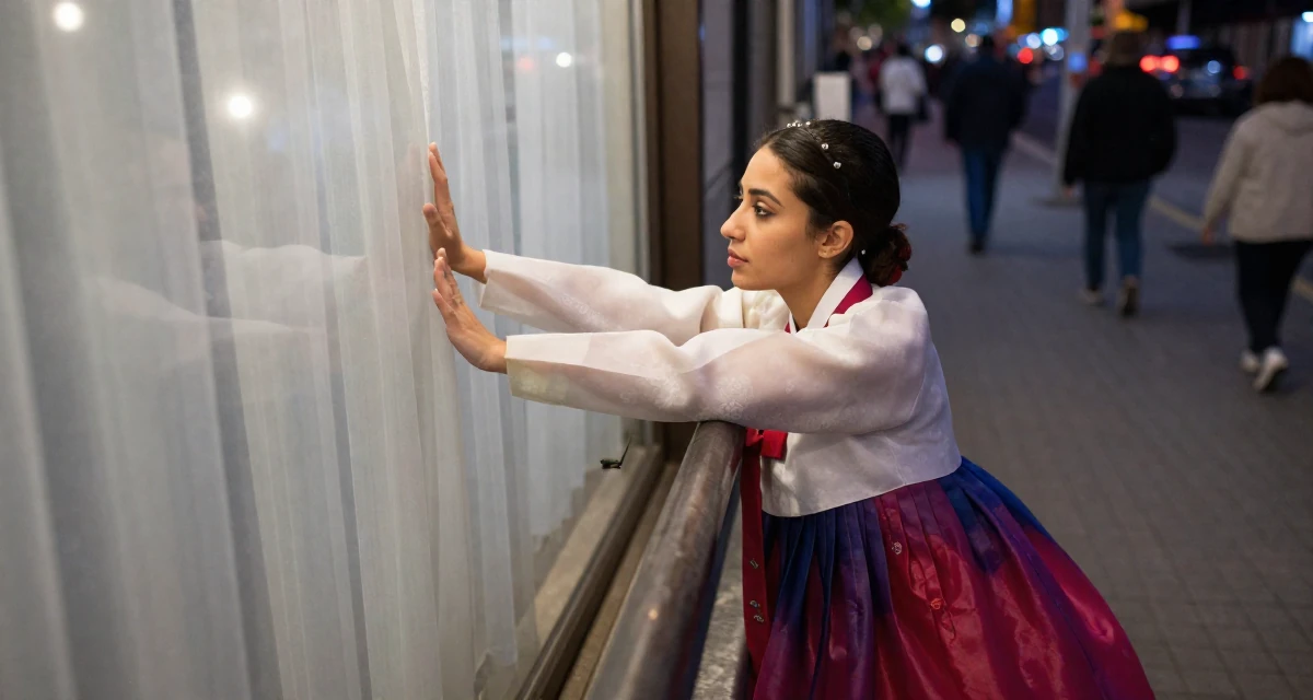 A dreaming Female From Alexandria Egypt, majored in applied arts in their 24, seriously considering moving to a new country, wearing a traditional hanbok modified for a modern look, stretching arms after waking in a city sidewalk.